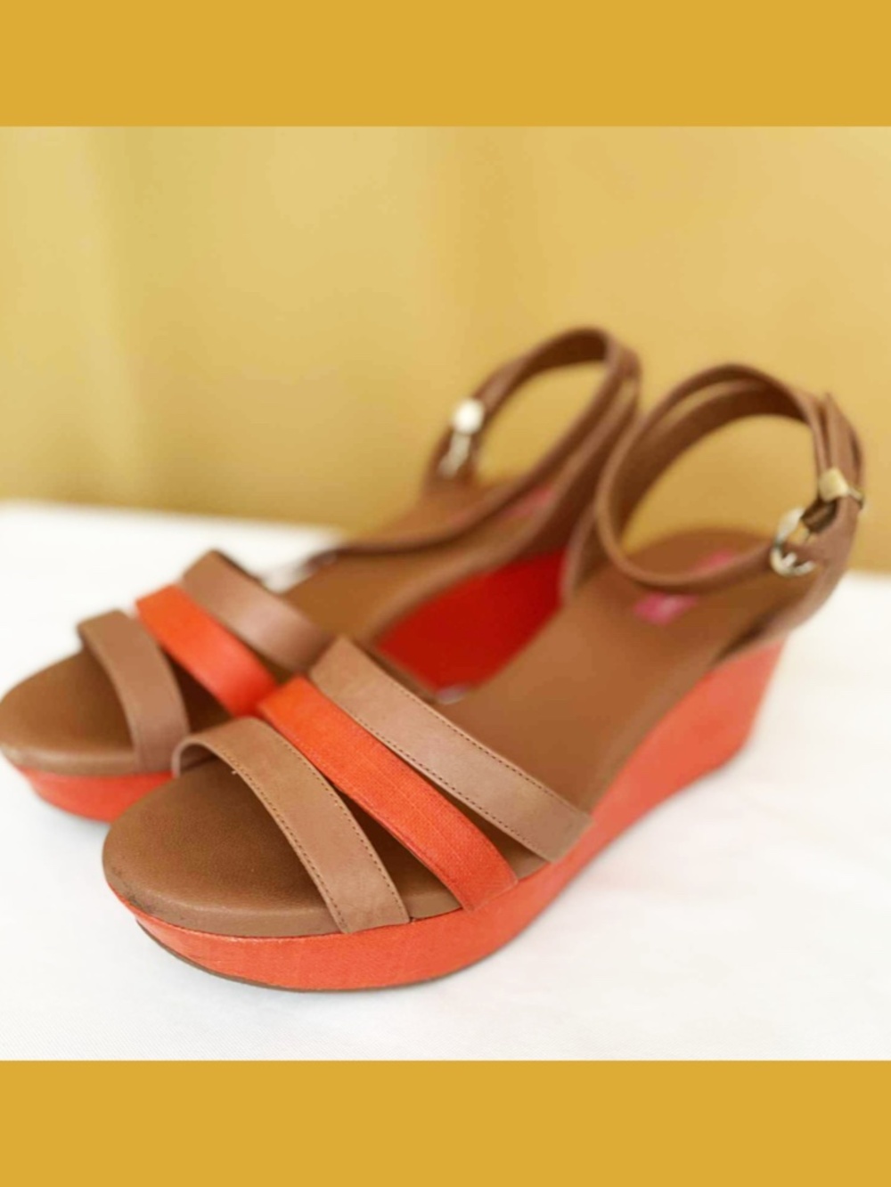 Isaac Mizrahi Colorblock Wedge Sandals 9 Brown Orange Ankle Strap Platform - Picture 2 of 6